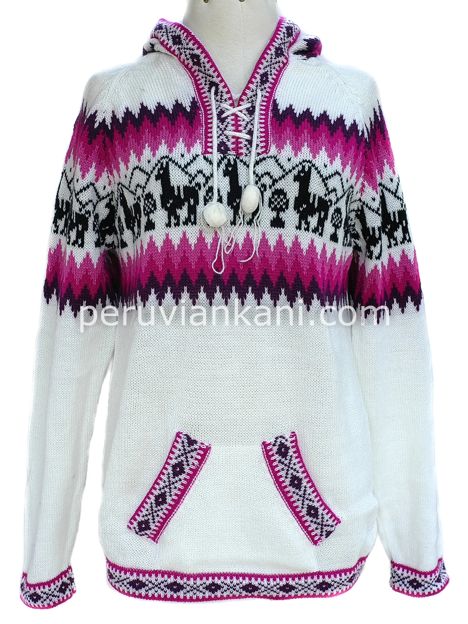 Alpaca hooded white / pink - Sweater alpaca