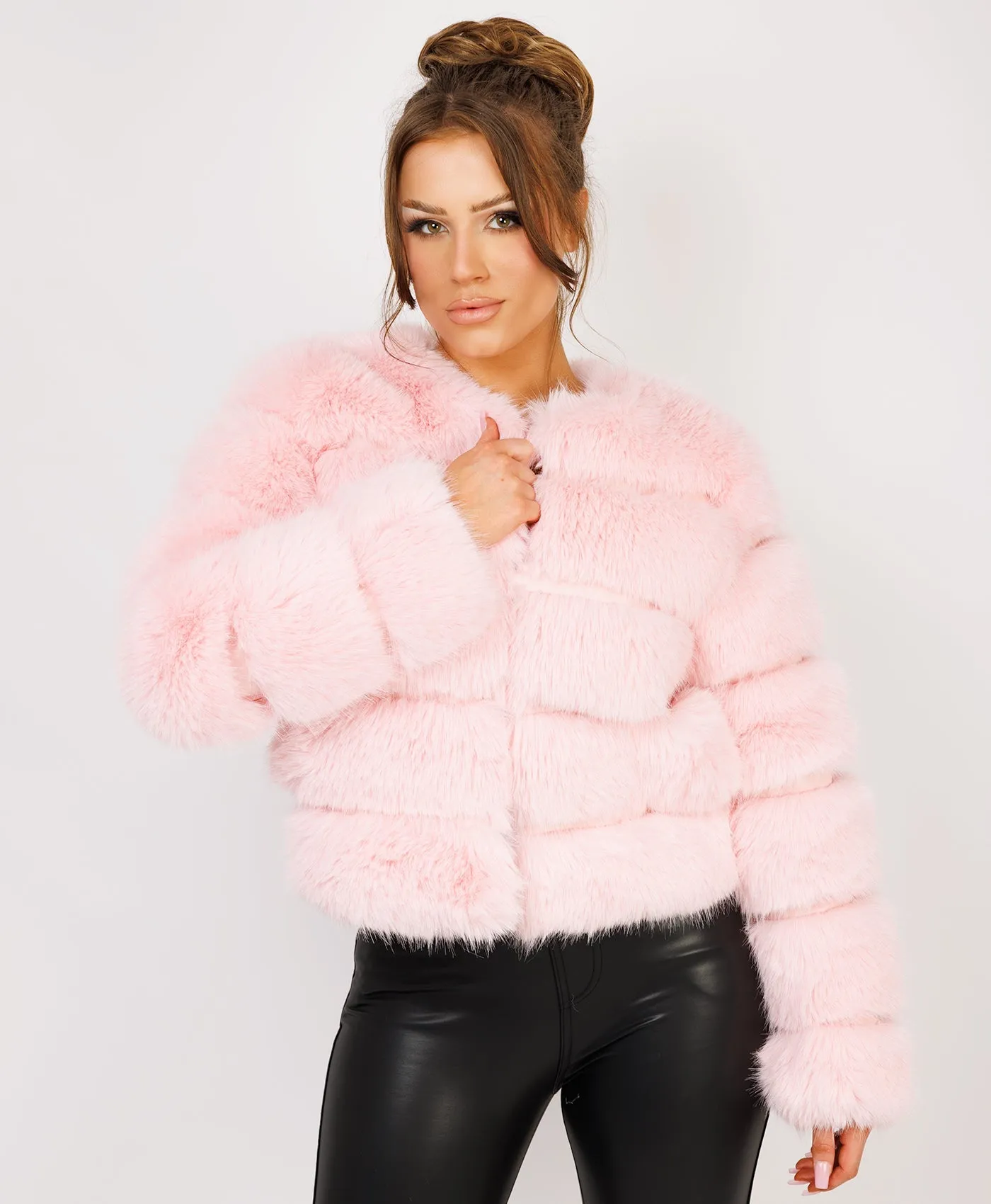 Baby Pink Premium Faux Fur Tiered Coat Jacket