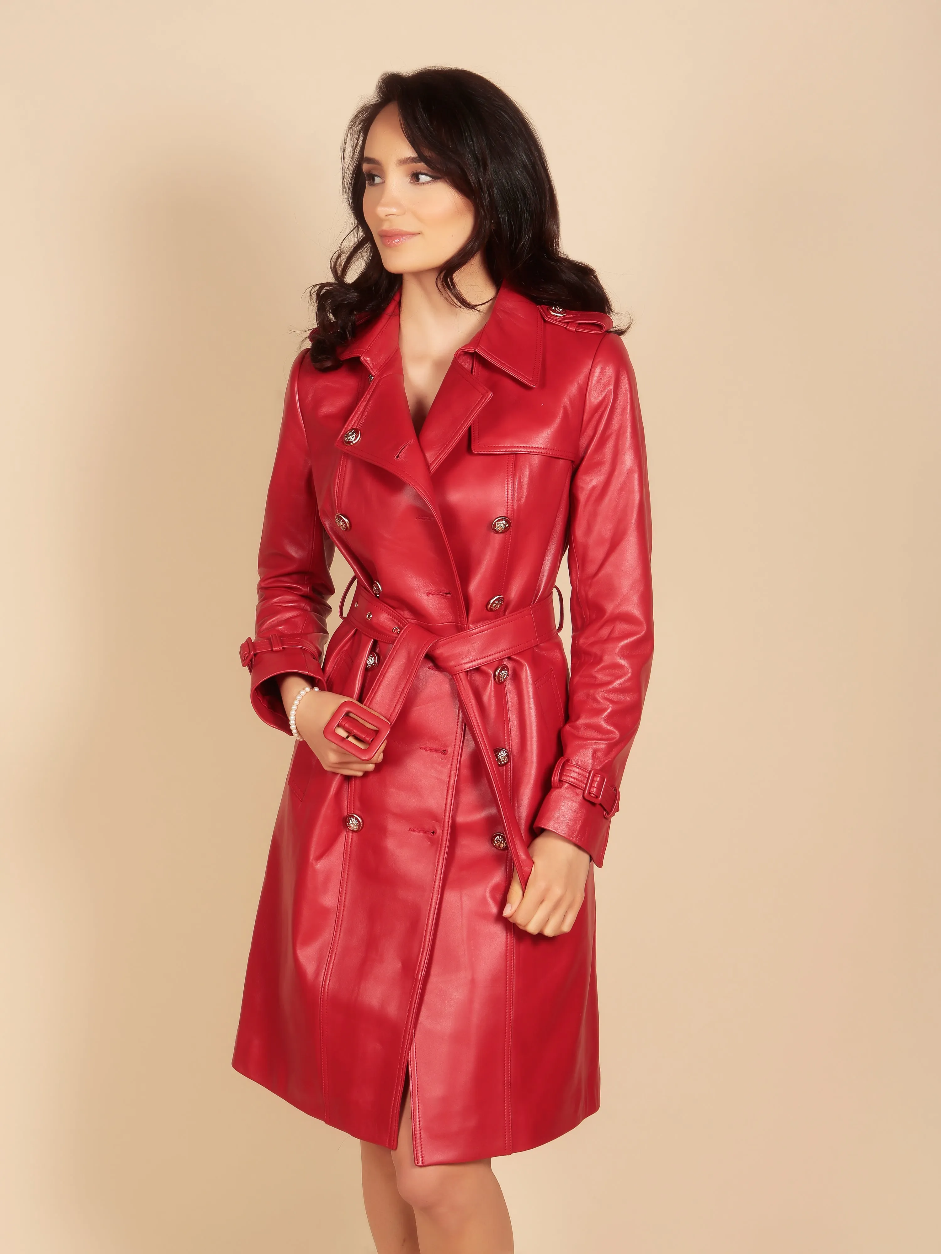 'Belle Du Jour' Leather Trench Coat in Rosso