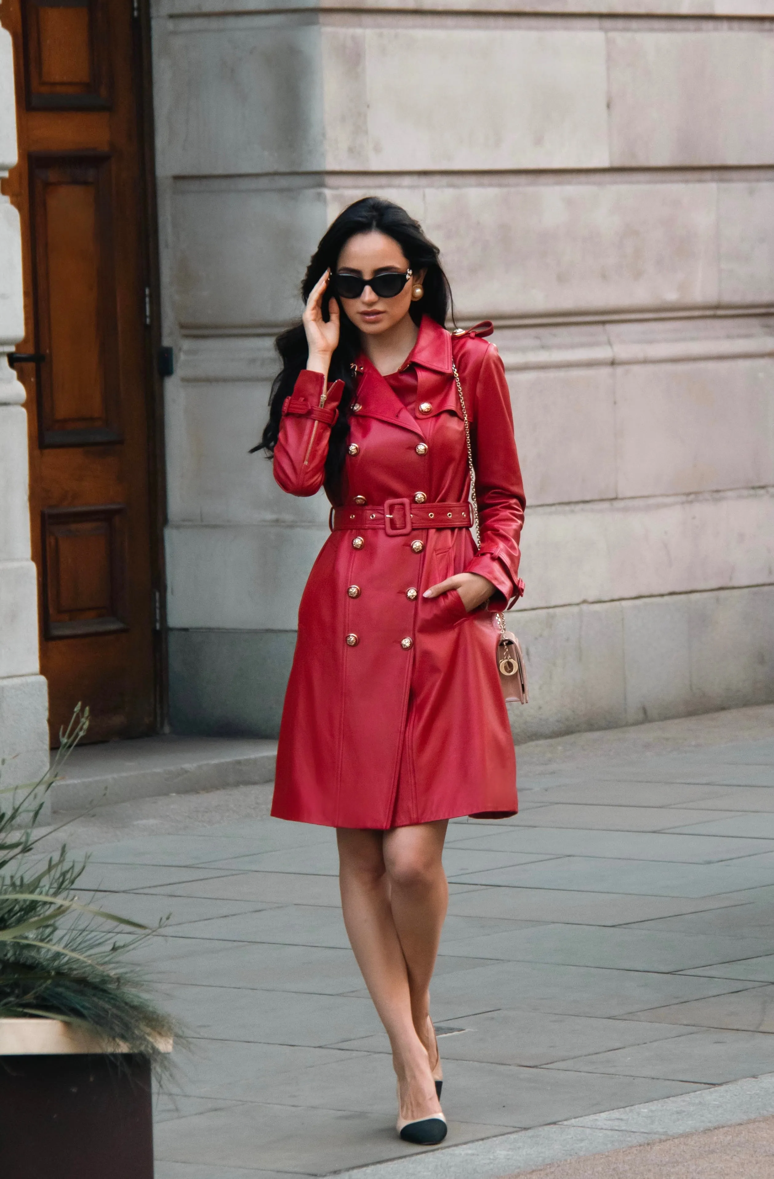 'Belle Du Jour' Leather Trench Coat in Rosso