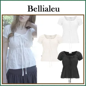 BELLIALEU  |Street Style Plain Short Sleeves Lace Shirts & Blouses