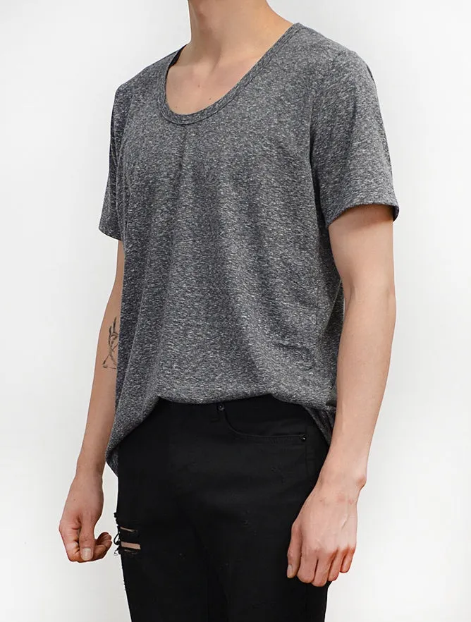 Black Casual Short Sleeve Tshirts Mens Tees Slub Fabric Scoop Neck Tops