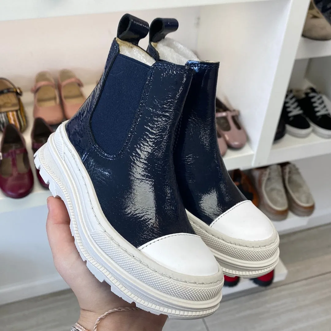 Blublonc Navy Patent Leather Slip On Sneaker Boot