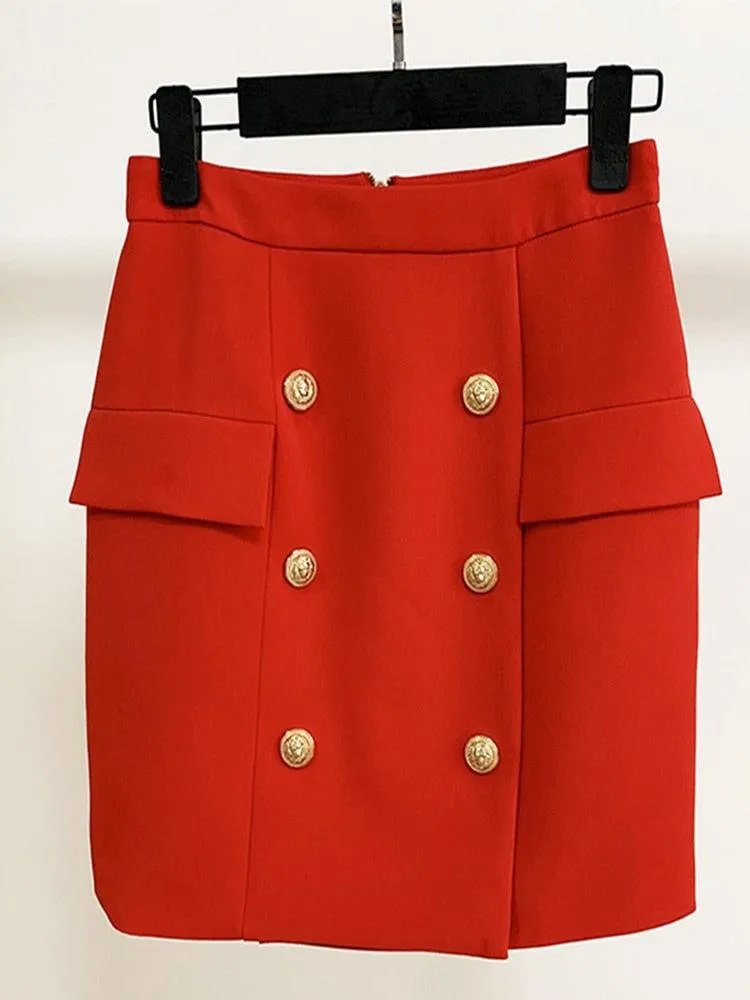 Career Skirt Metal Lion Buttons Embellished Mini Skirt