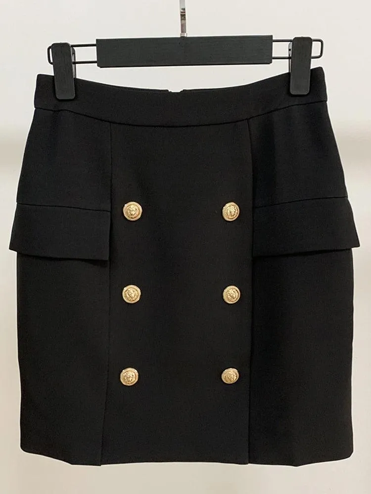 Career Skirt Metal Lion Buttons Embellished Mini Skirt