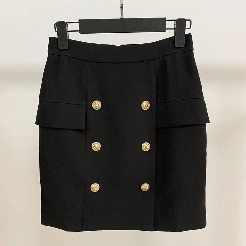 Career Skirt Metal Lion Buttons Embellished Mini Skirt