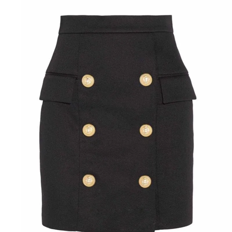 Career Skirt Metal Lion Buttons Embellished Mini Skirt