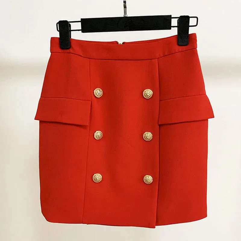 Career Skirt Metal Lion Buttons Embellished Mini Skirt