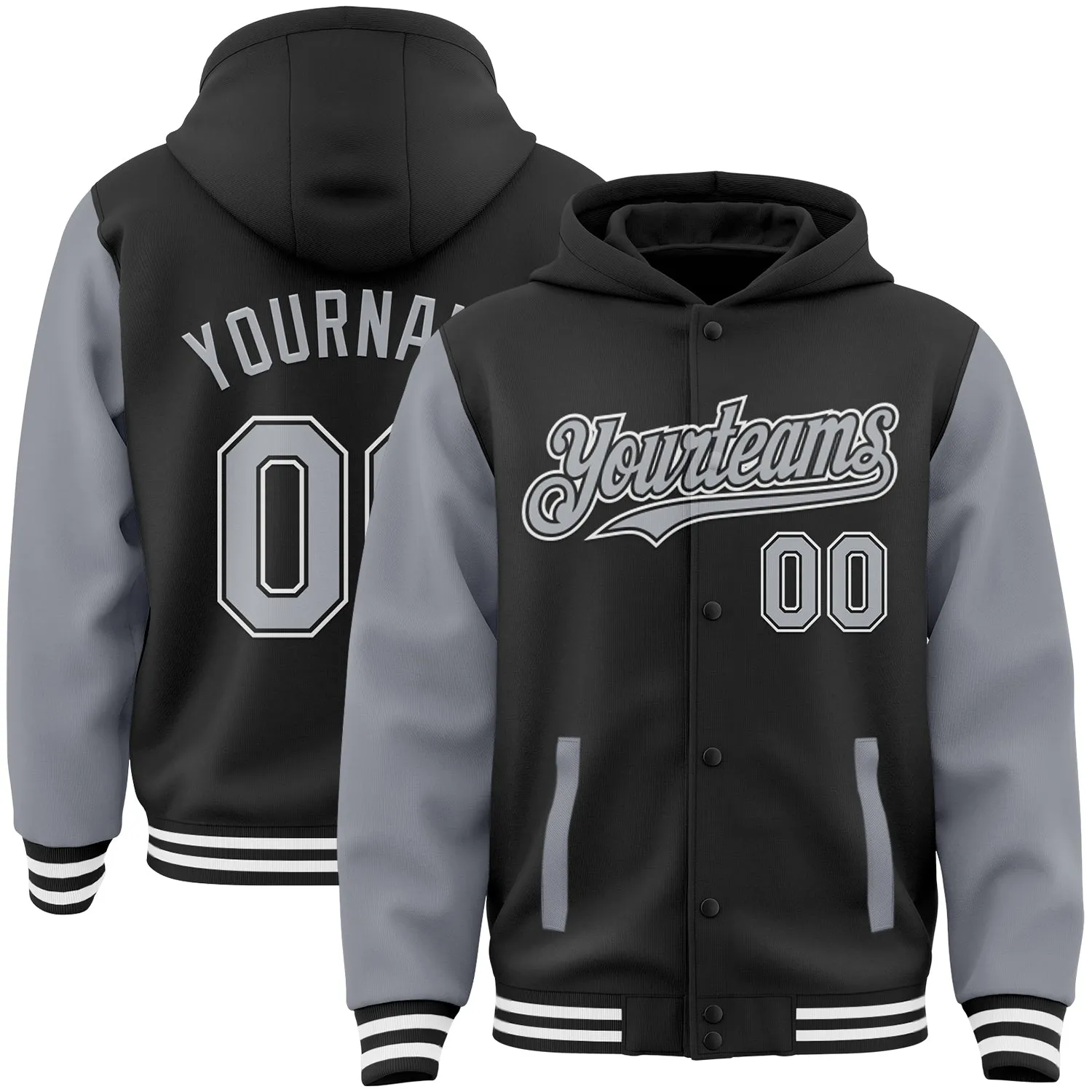 Custom Black Gray-White Bomber Full-Snap Varsity Letterman Two Tone Hoodie Jacket