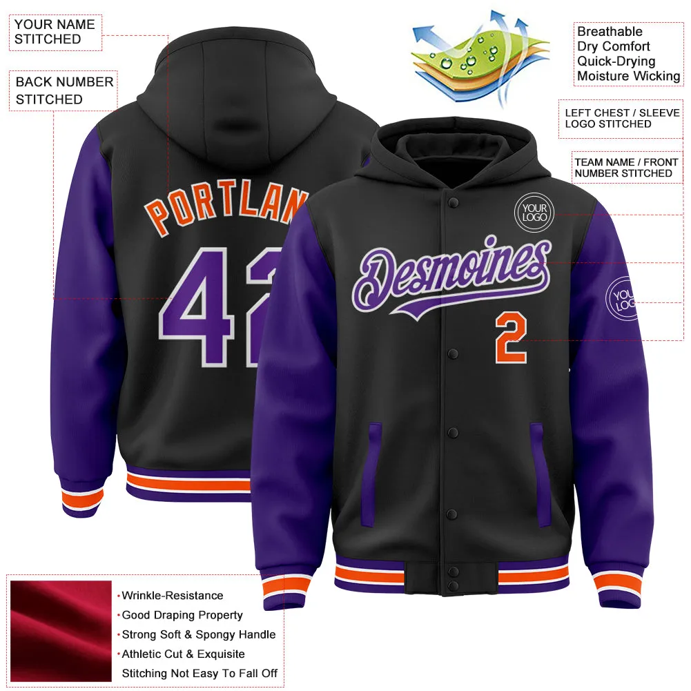 Custom Black Purple-Orange Bomber Full-Snap Varsity Letterman Two Tone Hoodie Jacket