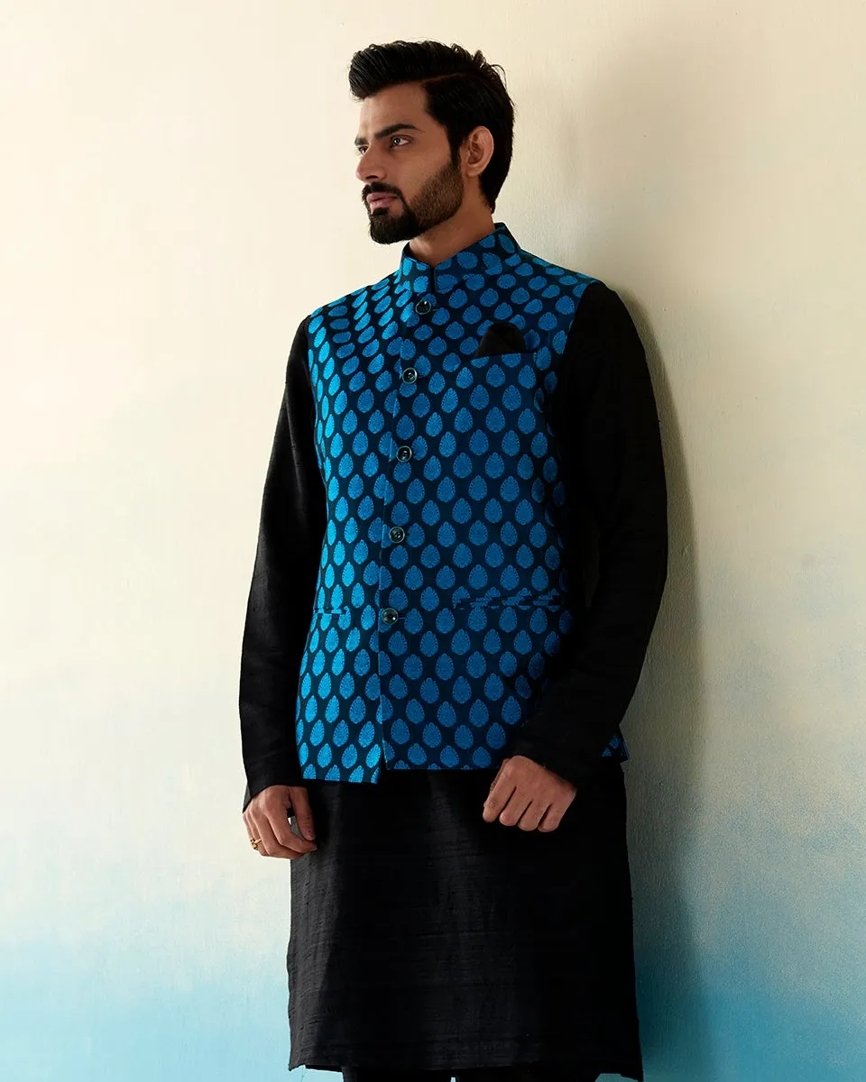 Deep Blue Handloom Tanchoi Banarasi Nehru Jacket With Boota