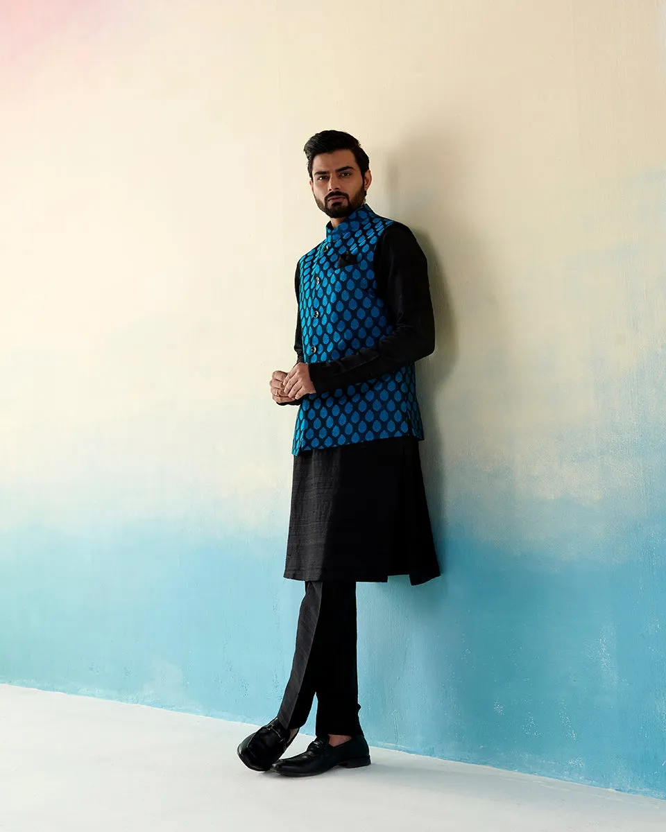 Deep Blue Handloom Tanchoi Banarasi Nehru Jacket With Boota