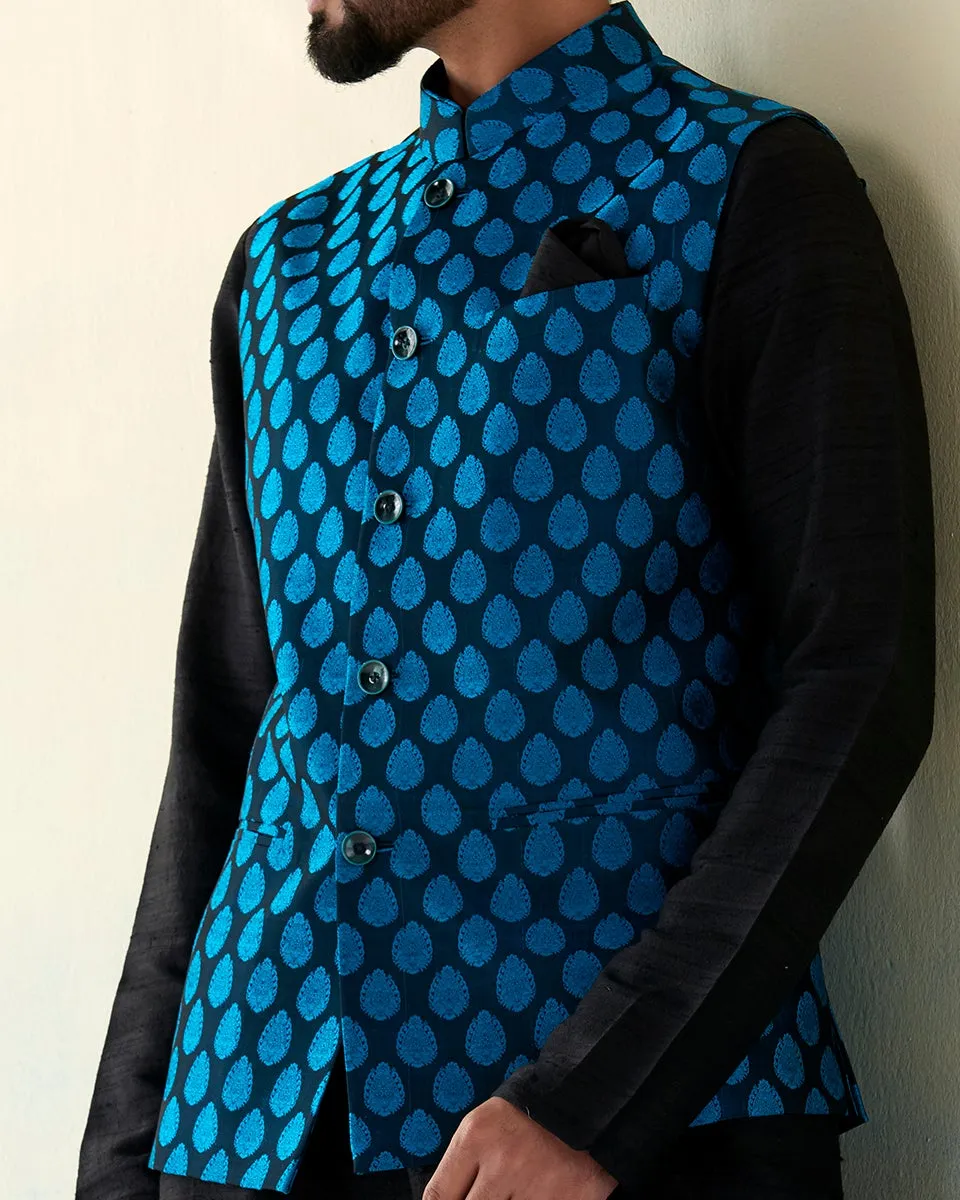 Deep Blue Handloom Tanchoi Banarasi Nehru Jacket With Boota