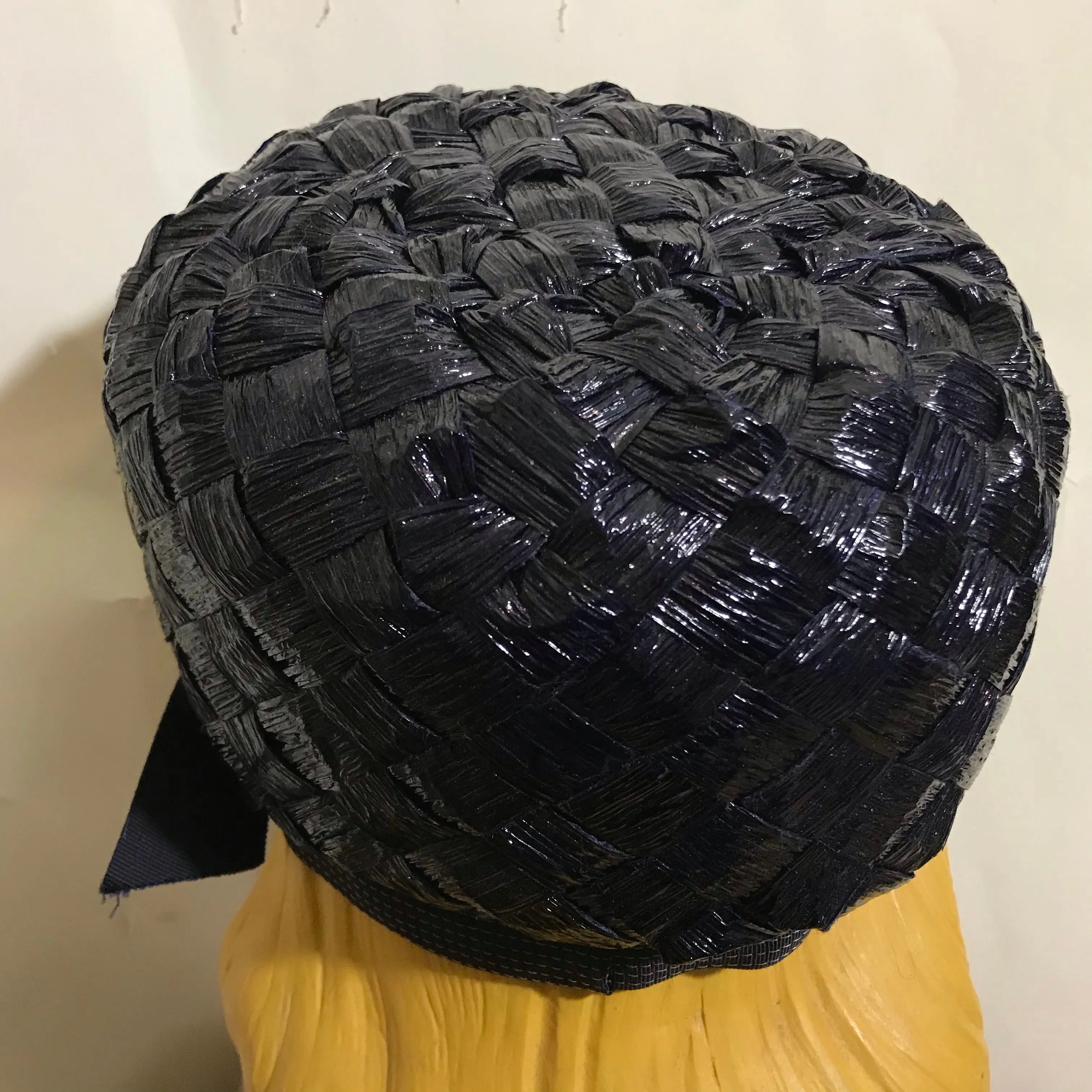 Deep Blue Mod Glossy Sisal Tall Pillbox Hat with Bow Hat circa 1960s