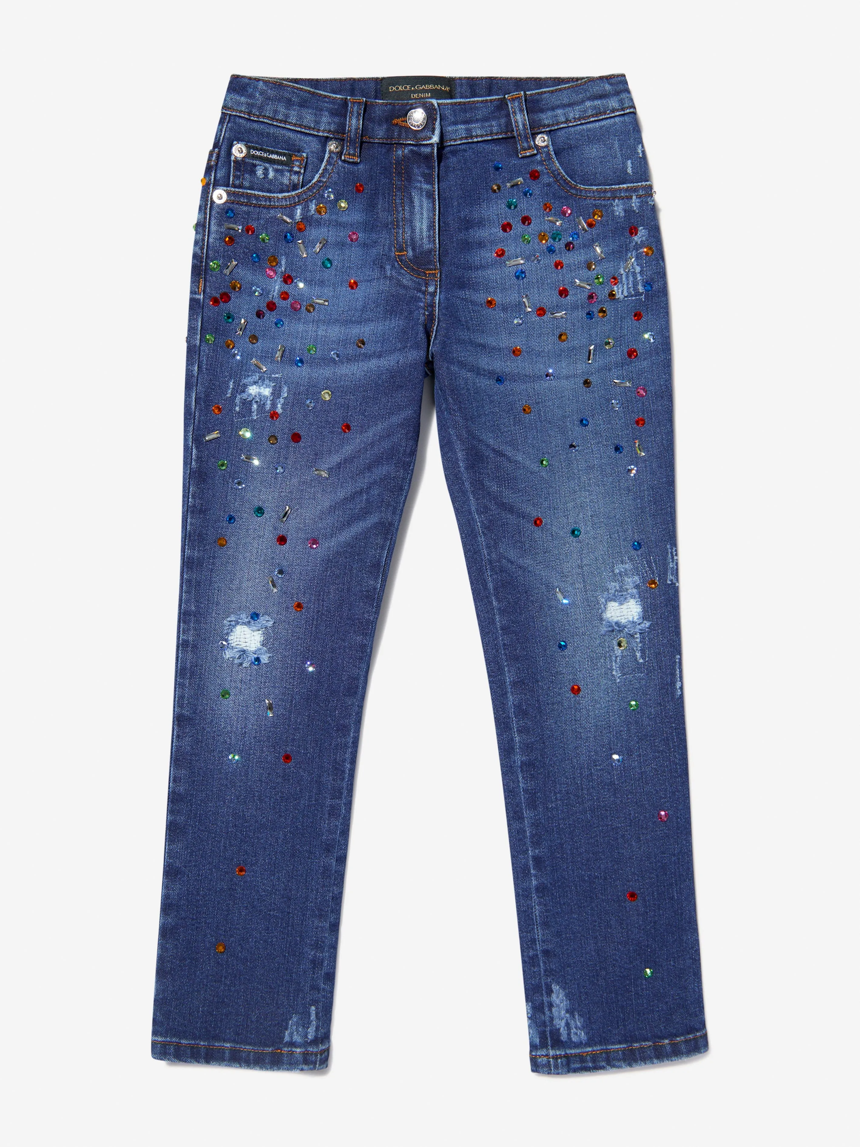 Dolce & Gabbana Girls Cotton Worn Look Embellished Jeans