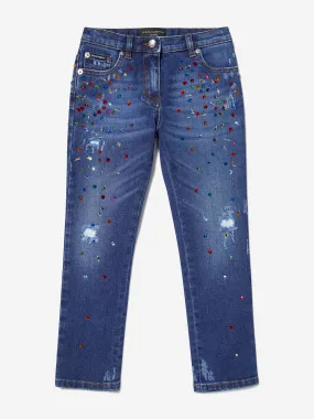 Dolce & Gabbana Girls Cotton Worn Look Embellished Jeans