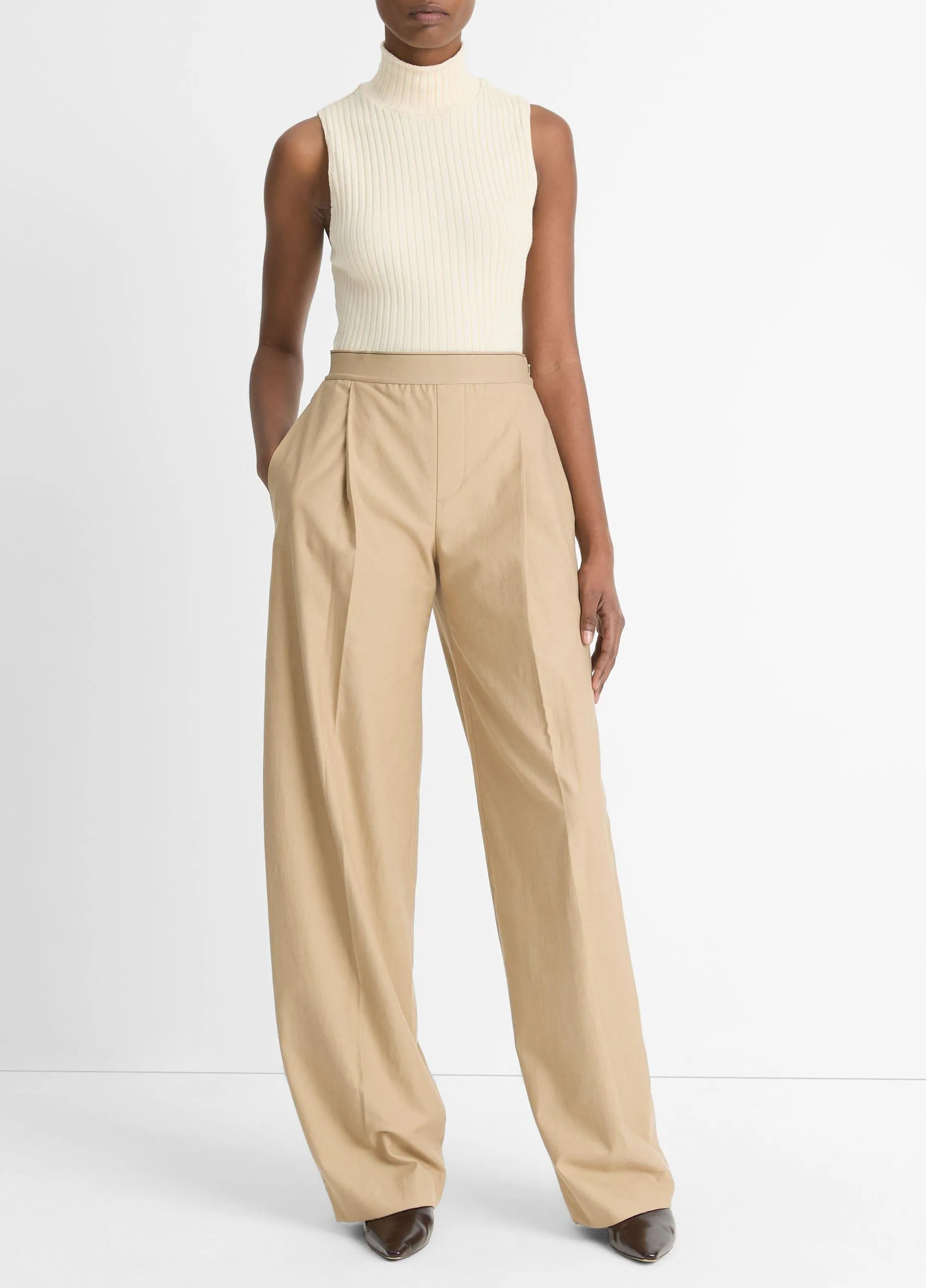 Elastic-Waistband Cotton-Wool Wide-Leg Pant