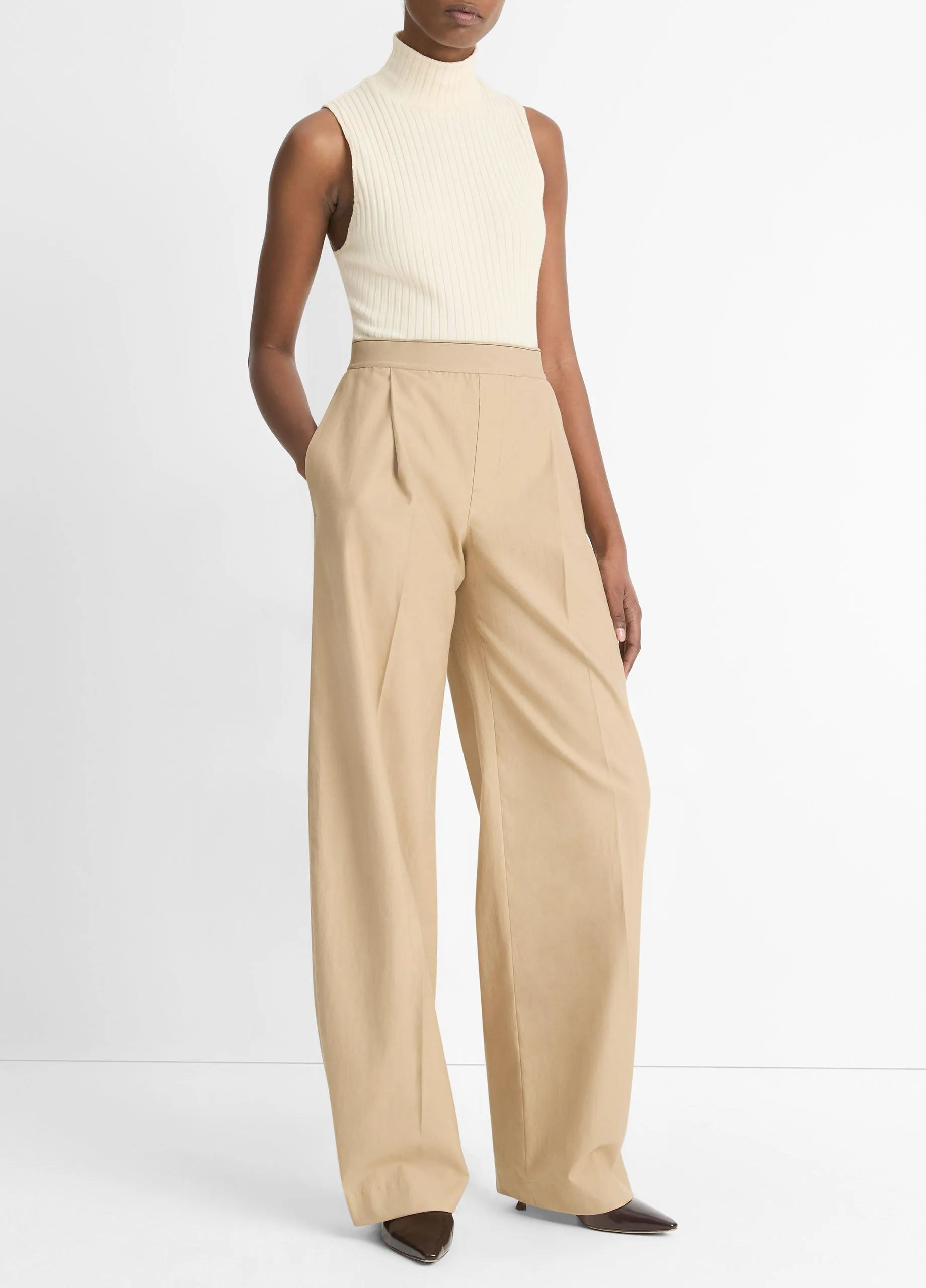 Elastic-Waistband Cotton-Wool Wide-Leg Pant