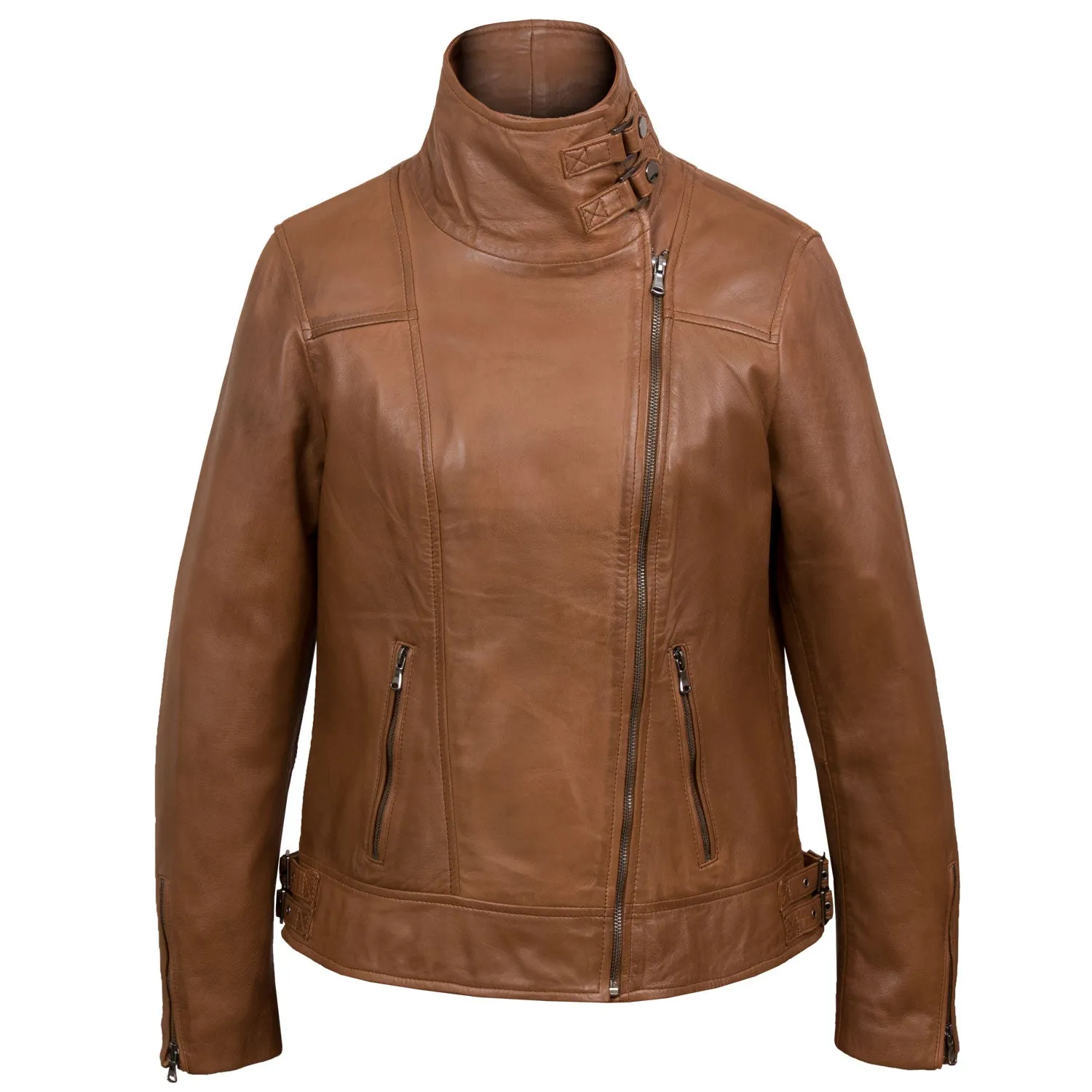 Emilia Women's Cognac Cowl Neck Leather Jacket