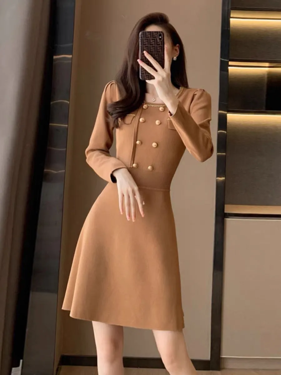 French style retro long-sleeved knitted dress for women 2023 autumn and winter new style with coat and bottoming skirt (V5519)