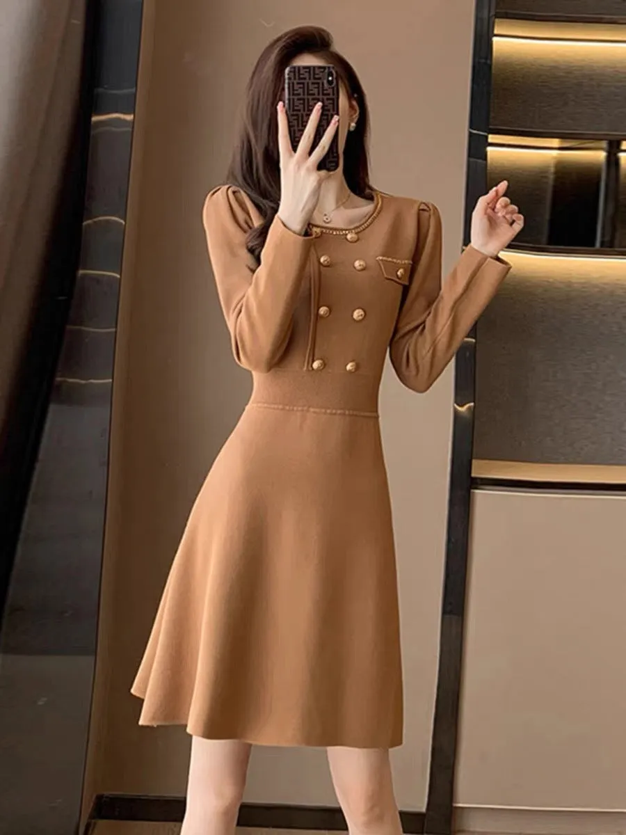 French style retro long-sleeved knitted dress for women 2023 autumn and winter new style with coat and bottoming skirt (V5519)