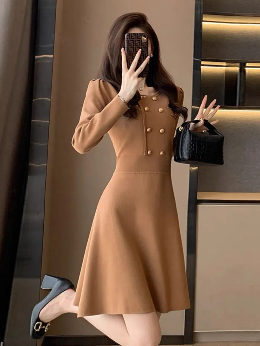 French style retro long-sleeved knitted dress for women 2023 autumn and winter new style with coat and bottoming skirt (V5519)