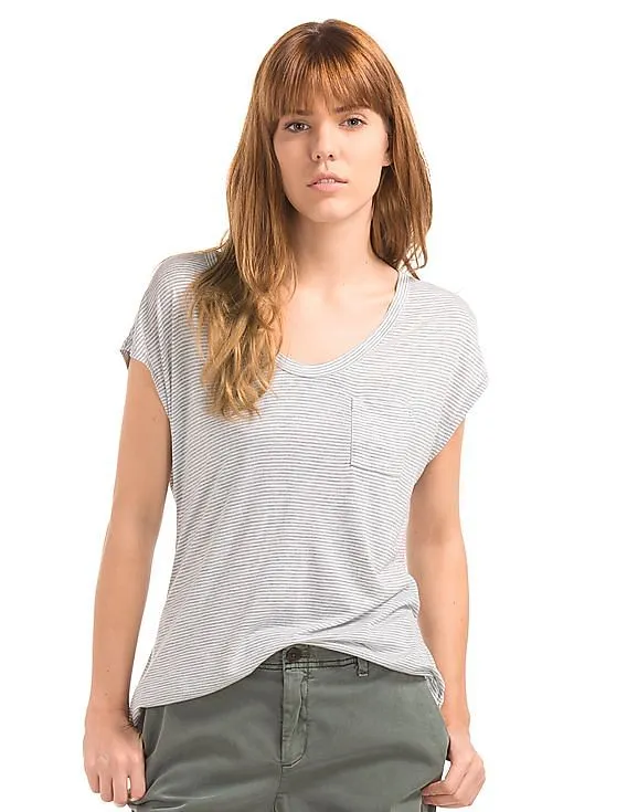 GAP Women Grey Cap Sleeve Stripe Tee