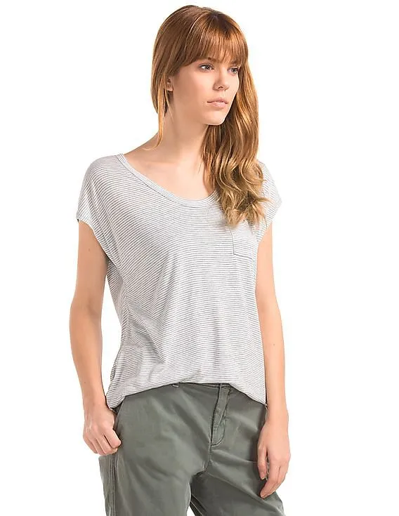 GAP Women Grey Cap Sleeve Stripe Tee