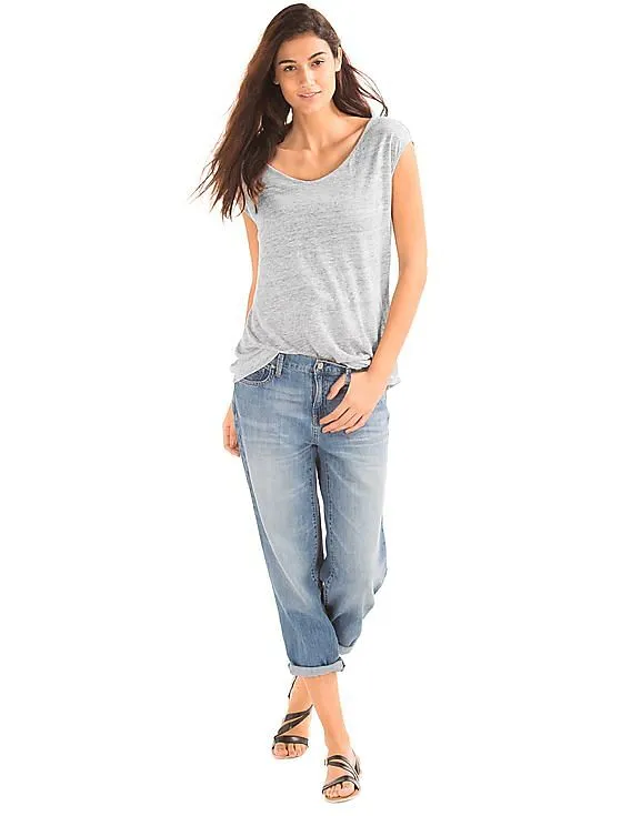 GAP Women Grey Linen Cap Sleeve Tee