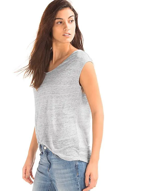 GAP Women Grey Linen Cap Sleeve Tee