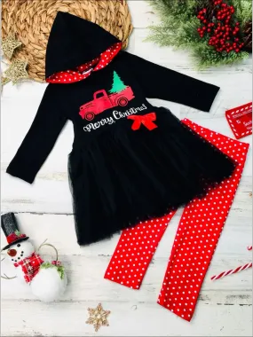 Girls Merry Christmas Truck Peplum Tutu Hoodie and Polka Dot Legging Set