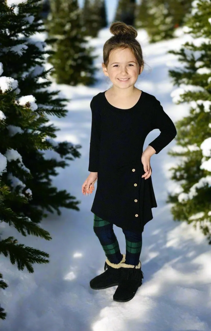 Girls Plaid Leggings, Kids Yoga Pants, Sizes S/L, No-Roll Waist, Green/Blue