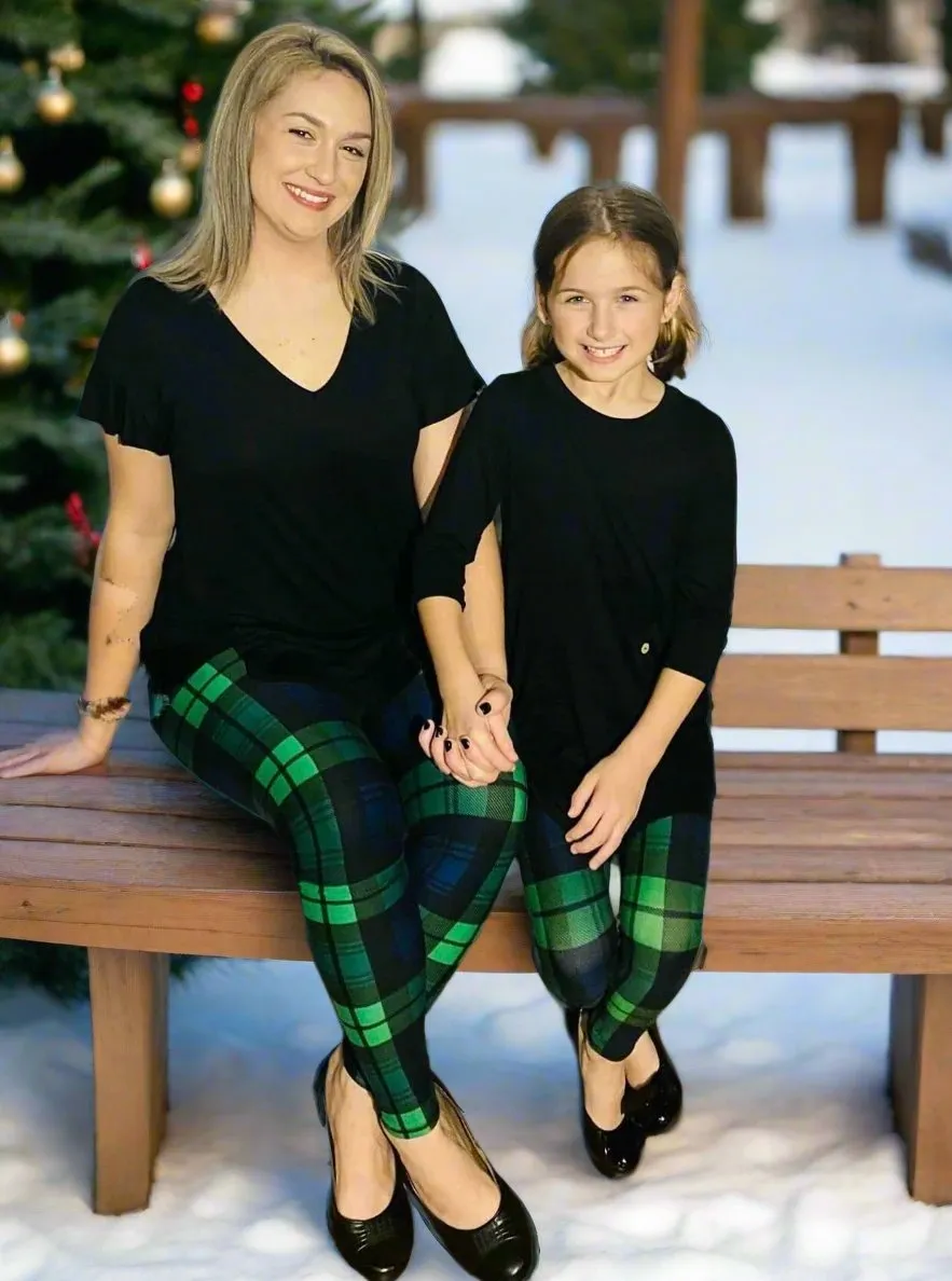 Girls Plaid Leggings, Kids Yoga Pants, Sizes S/L, No-Roll Waist, Green/Blue