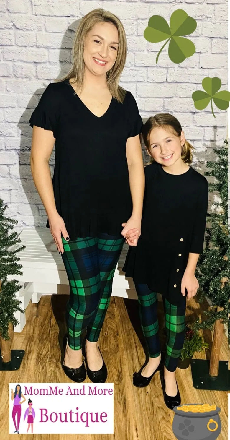 Girls Plaid Leggings, Kids Yoga Pants, Sizes S/L, No-Roll Waist, Green/Blue