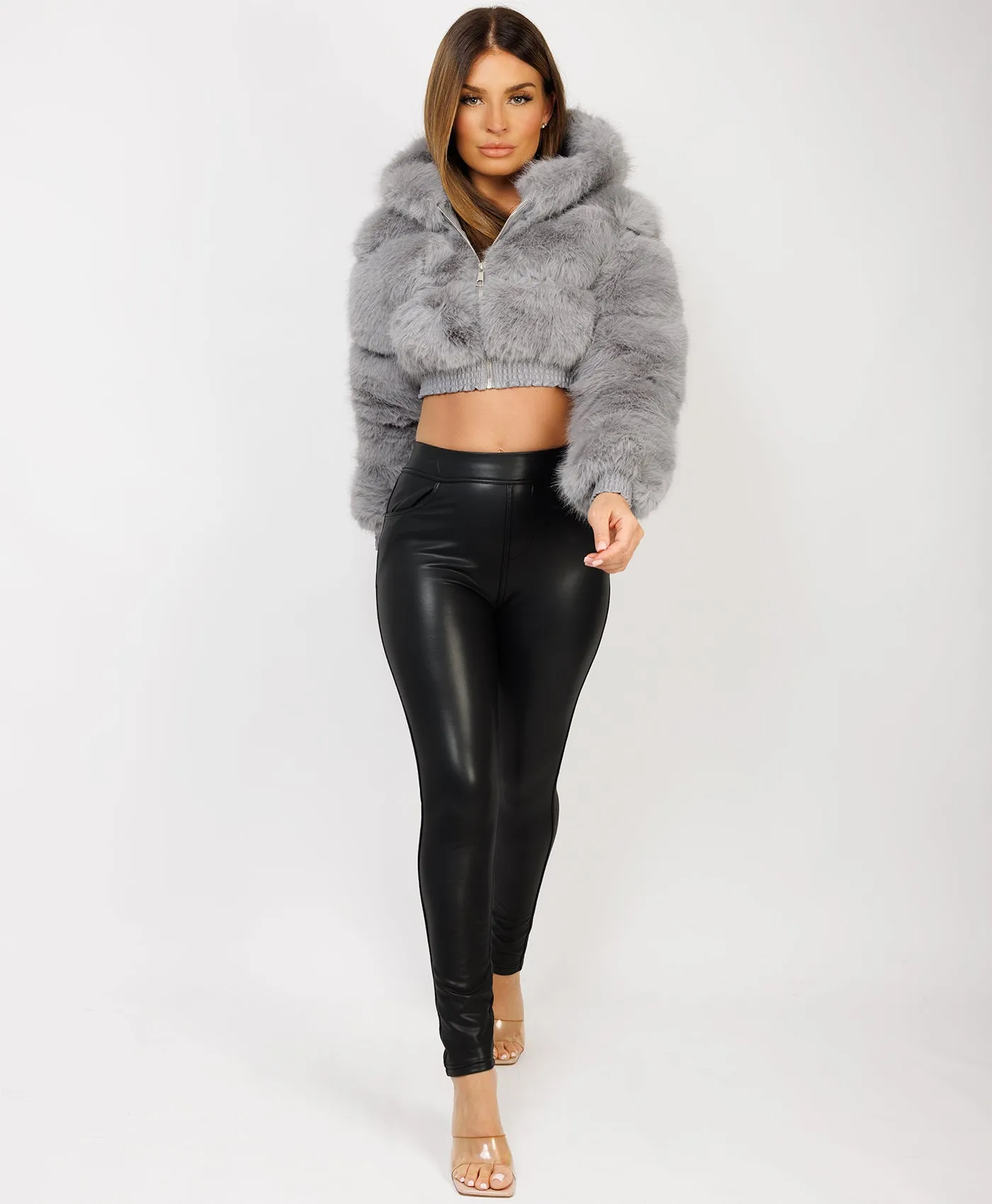 Grey Cropped Hooded Faux Fur Tiered Coat Jacket