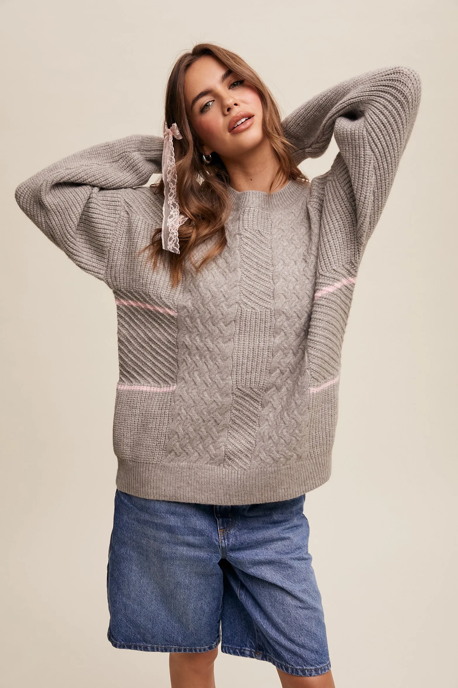 Heather Grey Striped Mixed Cable Knit Sweater