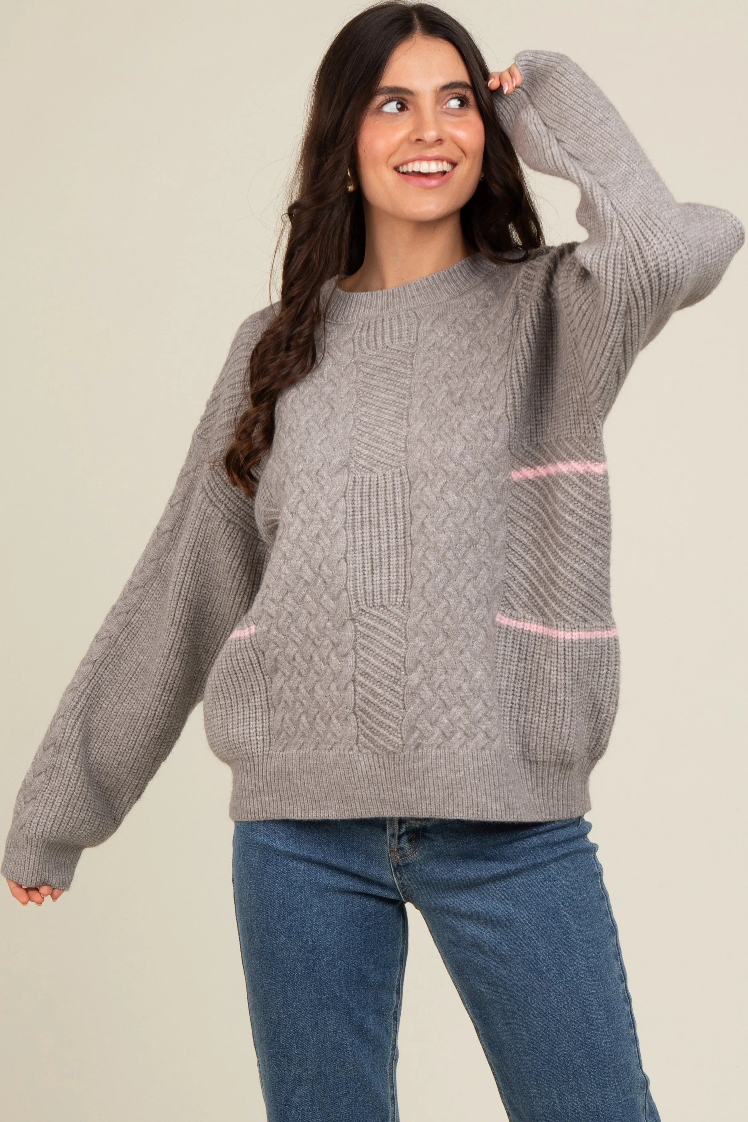 Heather Grey Striped Mixed Cable Knit Sweater