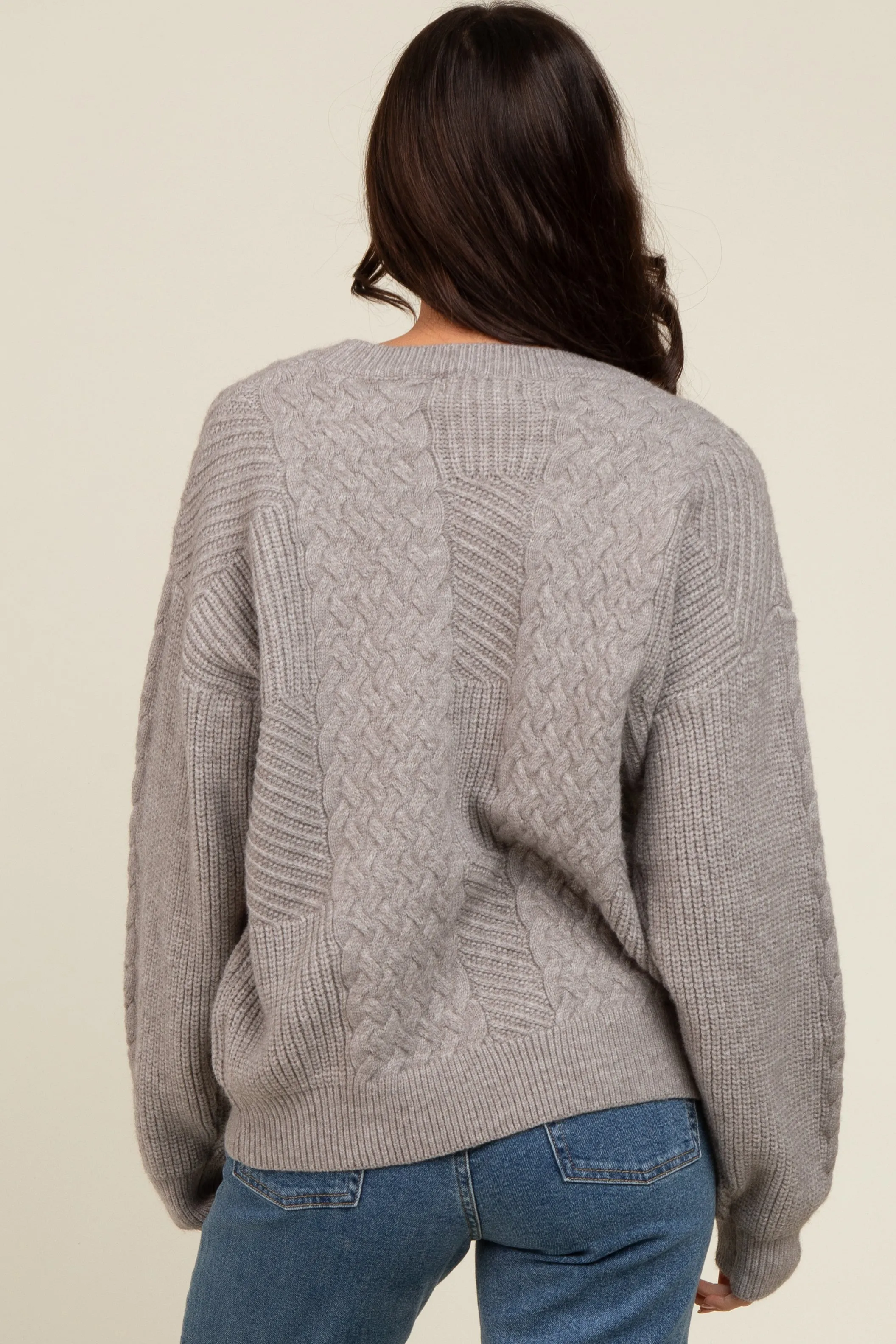 Heather Grey Striped Mixed Cable Knit Sweater