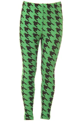 Kid's Green Houndstooth Pattern Printed Leggings