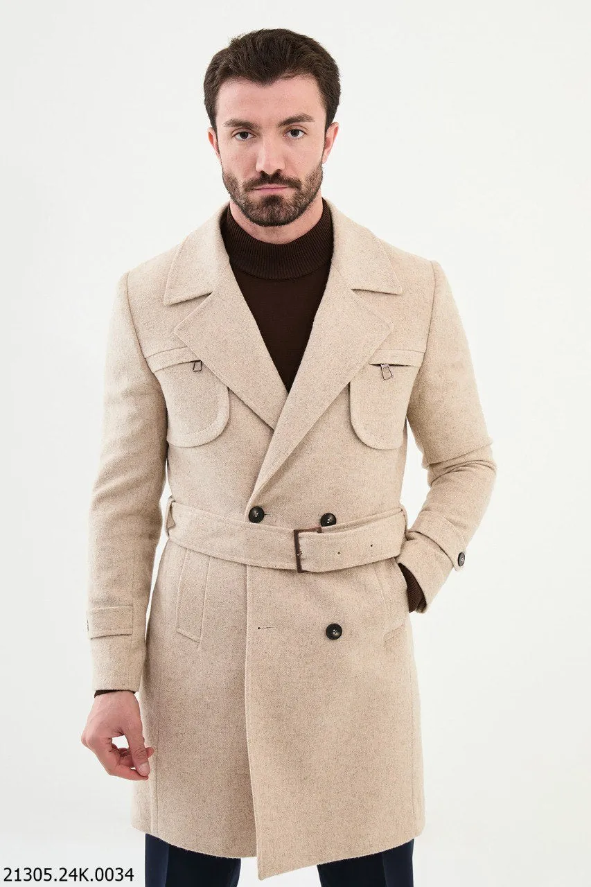 Men's Beige Belted Winter Coat with Asymmetrical Button Closure.