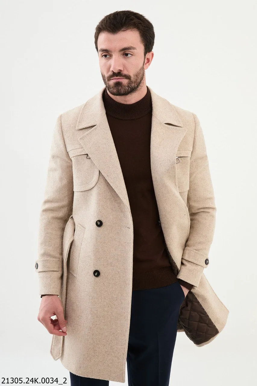 Men's Beige Belted Winter Coat with Asymmetrical Button Closure.