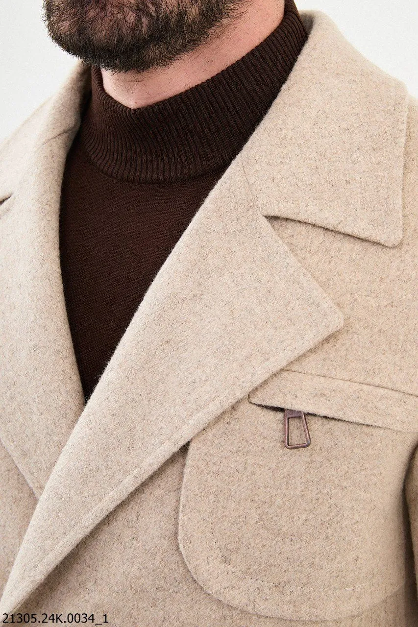 Men's Beige Belted Winter Coat with Asymmetrical Button Closure.