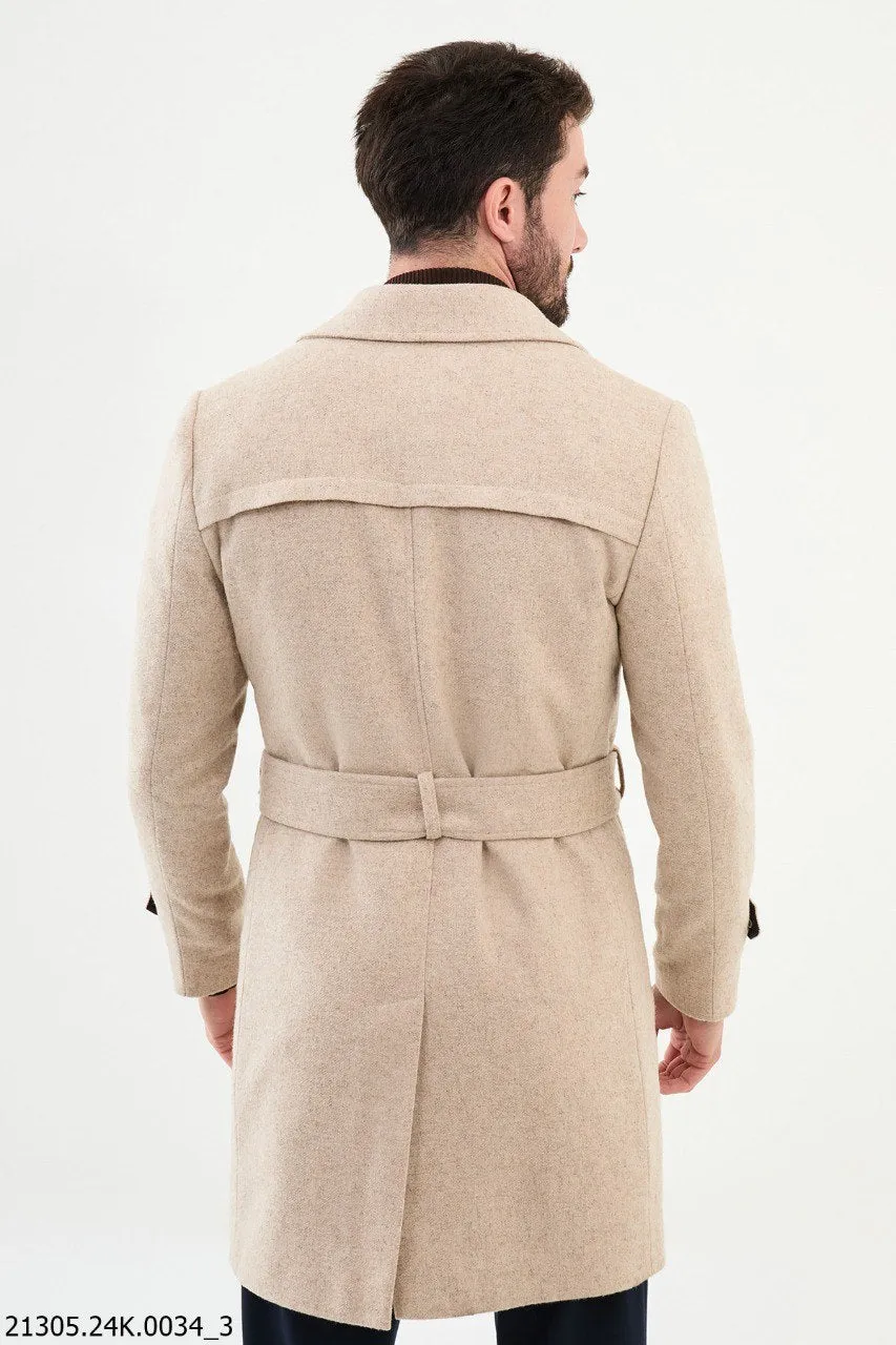 Men's Beige Belted Winter Coat with Asymmetrical Button Closure.