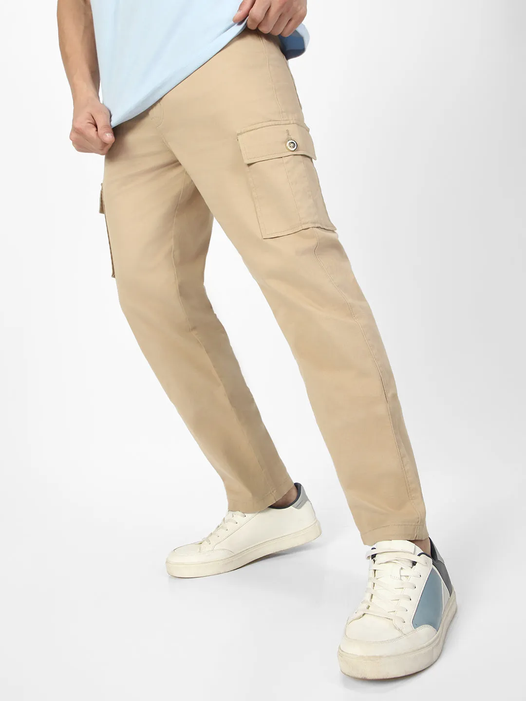 Men's Khaki Regular Fit Solid Cargo Chino Pant with 6 Pockets Stretchable