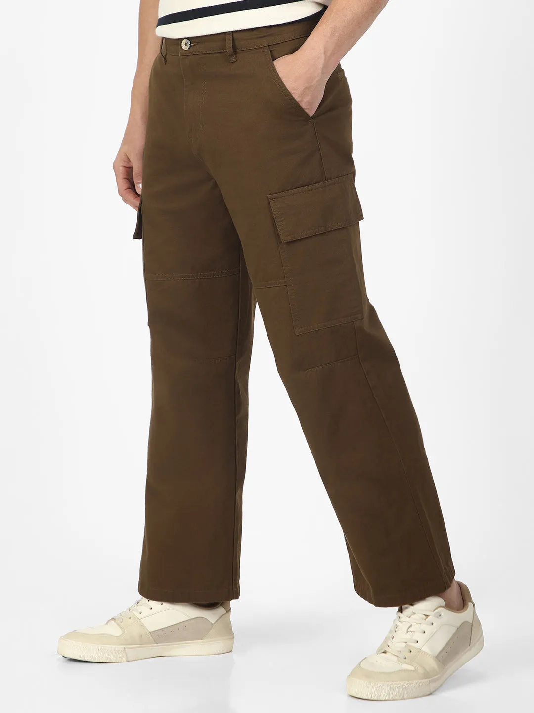 Men's Tobacco Loose Baggy Fit Solid Cargo Chino Pant with 6 Pockets Non-Stretchable