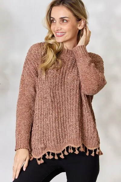 Mocha Latte Tassel Trim Long Sleeve Sweater