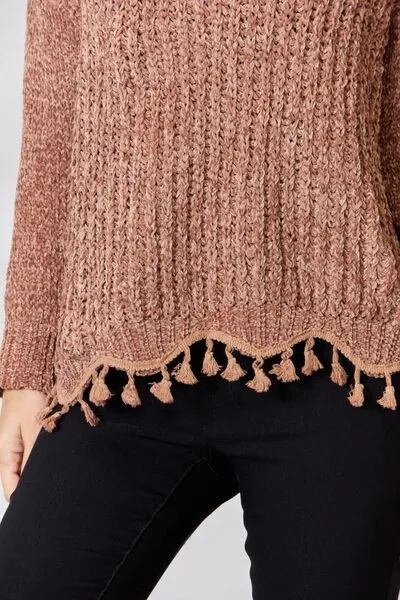 Mocha Latte Tassel Trim Long Sleeve Sweater