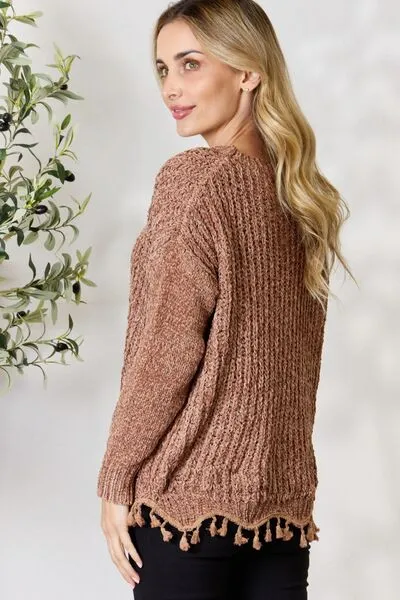 Mocha Latte Tassel Trim Long Sleeve Sweater