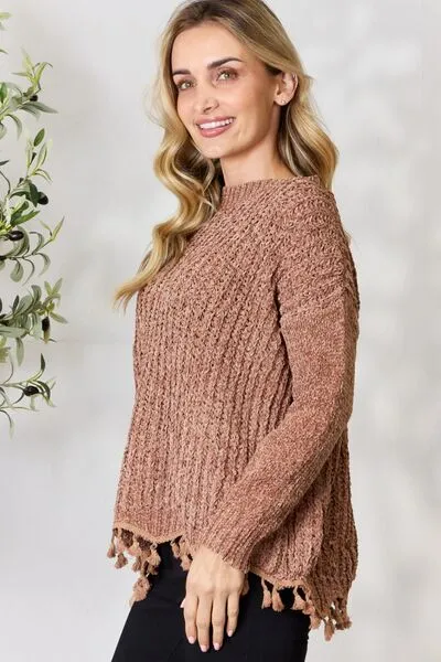 Mocha Latte Tassel Trim Long Sleeve Sweater