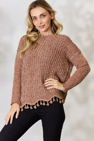 Mocha Latte Tassel Trim Long Sleeve Sweater